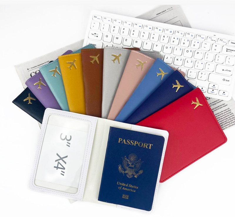 PU Leather Passport Holder with Gold Airplane