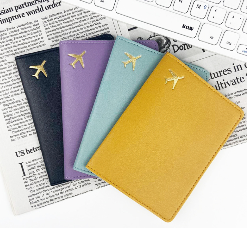 PU Leather Passport Holder with Gold Airplane